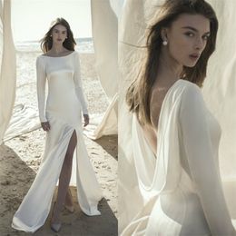 Vintage Wedding Dresses Jewel Long Sleeve Sexy Backless A-line Bridal Dress High-split Satin Sweep Train Custom Made Beach Robes De Mariée