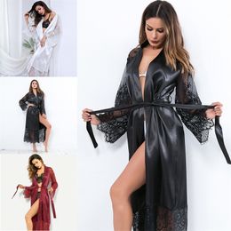 2022 Elegant Women Bath Robes V-neck Long Sleeves Ruched Satin Custom Made Bridal Robe Lace Sweep Train Sleepwear Bridesmaid Dress