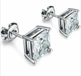 925 Sterling Silver Princes Square Cut Cz Screw Back Stud Earrings Rhodium