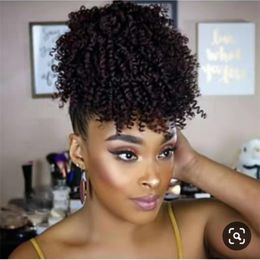 Human hair ponytail extension kinky curly afro puff bun updo ponytail with bang fringe clip in pony tail hairpiece 120g
