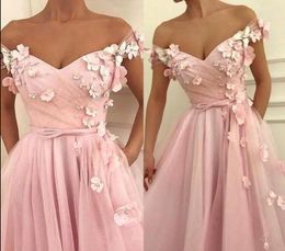 2019 Blush Pink A-Line Prom Dresses Off Shoulder Pearls Hand Made Flowers Floor Length Ruffles Plus Size Custom Backless Party Evening Gowns