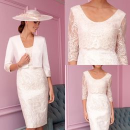 Newest Sheath Ispirato Mother of The Bride Dress Jewel Neck Long Sleeve Tulle Lace Applique Wedding Guest Dresss Knee Length Evening Gown