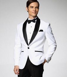 New Custom Design One Button White Black Satin Lapel Groom Tuxedos Best Man Groomsmen Men Wedding Suits (Jacket+Pants+Tie) 1358