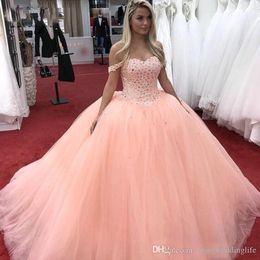 Peach New Sweetheart Ball Gown Quinceanera Beaded Crystals Sweep Train Appliques Sweet 16 Dresses Vestidos De 15 Years