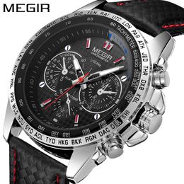 MEGIR Mens Watches Top Luxury Brand Male Clocks Military Army Man Sport Clock Leather Strap Business Quartz Men Wrist Watch 1010 V191115