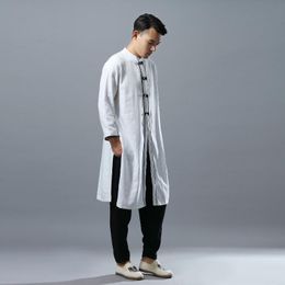 Chinese Ethnic cotton flax comfortable long gown robe Linen Style men's windbreaker folk style Folk cotton and linen Comfortable Clothing