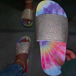 Adisputent Womens Tie-dye Slippers Summer Slipper Glitter Bling Slide Flat Shoes Low Heel Comfortable Breathable Bling Sandals