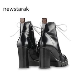 Women's leather boots 1a2y7w trend vogue heel black leather shoelaces vulcanizate outsole luxury Martin boots box