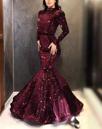 Sparkling Mermaid Burgundy Evening Dresses High Collar Sexy Open Back Sequined Prom Dresses Long Sleeves Special Occasion Gowns