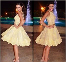 Yellow New Arabic Style Lace Homecoming Dress A Line Short Juniors Sweet 15 Graduation Cocktail Party Dress Plus Size Custom Made 2020