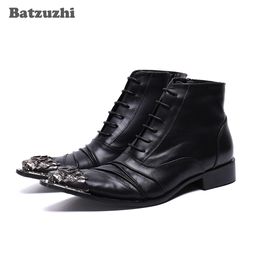 Batzuzhi British Type Men Boots Pointed Iron Toe Black Genuine Leather Boots Ankle Lace-up Business Shoes Boots botas hombre