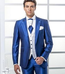 Shinny Royal Blue Groom Tuxedos Peak Lapel Groomsmen Wedding Dress Fashion Man Jacket Blazer 3 Piece Suit(Jacket+Pants+Vest+Tie) 1811