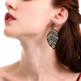 Fashion-l 3-year warranty color rice beads handmade beaded earrings Europe and America leaves leaf earrings crystal diamond earrings caught