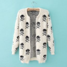 Fashion-Cardigans Sweater Skull Pattern Female Mohair Knitted Cardigans Black Cardigan White Autumn Sweater For Women