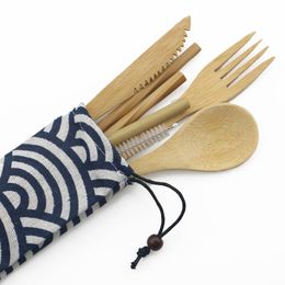 7Pcs Portable Flatware Set Outdoor Wooden Cutlery Set Tableware Bamboo Straw Knife Fork Spoon Chopsticks Dinnerware Sets For Travel