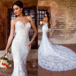 sexy strapless mermaid wedding dress floral sleeveless appliqued lace wedding gown backless ruffle court train robes de marie