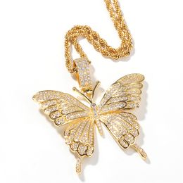 Hip Hop Iced Out Zircon Butterfly Pendant Necklace Gold Silver Plated Mens Gold Bling Chain Necklace