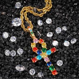 14K Gold Iced Out Ankh Pendant Necklace Micro Pave Cubic Zirconia Colourful Diamonds Cross Ankh Pendant 3mm 24inch Rope Chain