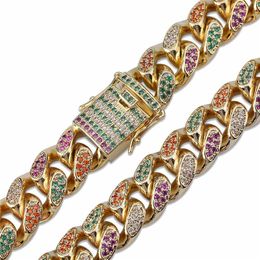 14mm Gold Silver Colour Hip Hop Bling CZ Stone Diamond Cuban Link Chain Necklace for Men Miami Rapper Mens Chains Jewellery