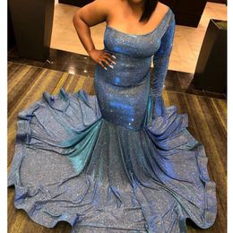 Sequined One Shoulder Prom Dresses With Long Sleeve Mermaid Evening Gowns Sweep Train Plus Size Women Cocktail Party Gowns Robe de soiree