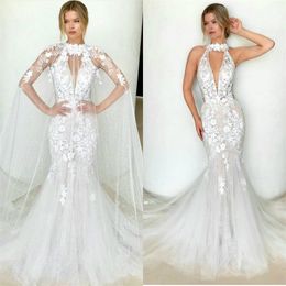 Halter Mermaid Wedding Dresses With Detachable Wrap Sleeveless Appliqued Lace Bridal Gown Sweep Train Custom Made Vestidos De Novia