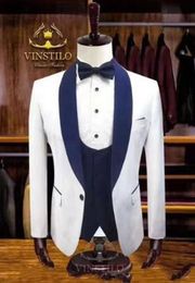 White Groom Tuxedos Gold Navy Blue Lapel Groomsman Wedding 3 Piece Suit Fashion Men Business Prom Jacket BlazerJacket Pants Tie V260e