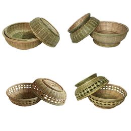 Bamboo basket round hollow handmade woven basket fruit vegetable egg bread snacks bulk biscuits storage kitchen organization
