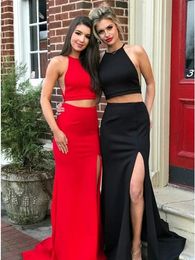 Beautiful Red Black Halter Prom Bridesmaid Dresses Long Side Slit 2 Piece Satin Formal Dress Party Elegant Evening Gowns Vestidos De Festia