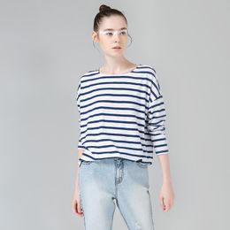 Cotton T-Shirts Spring Women T -Shirt Stripe Printed Loose Base Casual Long Sleeve O -Neck Tees Tops Fashion Female Trend