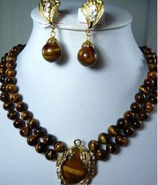Luxurious 2 Row 8mm Natural Tiger Eye Stone Necklace17-18'' Pendant Clip Earrings Set