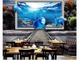 3D customized large photo mural wallpaper interior decoration Dream fly out of the ocean dolphin 3d cafe restaurant background wall