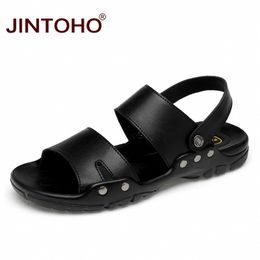 JINTOHO Large Size 38-52 Men Sandals Fashion Black Genuine Leather Men Shoes Mens Leather Sandals Beach Slippers