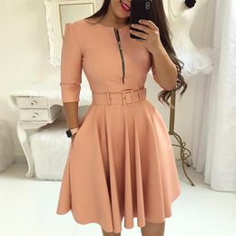 Fashion- Fall Half Sleeve Elegant Tunic Party Dress Female O Neck Solid Zipper Belted Pleated Casual Office Dress Vestidos Mujer Y190426