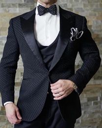 Excellent Groom Tuxedos Wave point Black Groomsmen Mens Wedding Dress Man Jacket Blazer Business Suit(Jacket+Pants+Vest+Tie) 1671