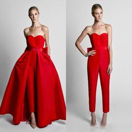 Krikor Jabotian Red Women Jumpsuits 2019 Prom Dresses Sweetheart Satin Bow Sash Evening Gowns With Detachable Train Long Part Dres2264