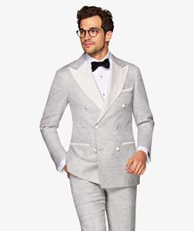 Brand New Light Grey Men Wedding Tuxedos Double-Breasted Groom Tuxedos Excellent Men Blazer Suit Prom/Dinner Jacket(Jacket+Pants+Tie) 2625