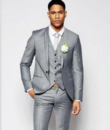 Brand New Grey Groom Tuxedos Peak Lapel Slim Fit Groomsman Wedding 3 Piece Suit Popular Men Business Jacket Blazer(Jacket+Pants+Tie+Vest) 68