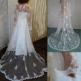 Vintage New Long Sleeve White Ivory Lace Cape Cloak Shawl Wedding Jacket Bridal Wrap Train With Applique Lace Edge