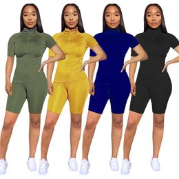 Plus size Summer women solid Colour two piece set outfits short sleeve zipper T-shirt+shorts casual sweatsuits sportswear 2817