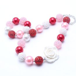 Red+Pink Colour Chunky Necklace&Bracelet Set Fashion White Flower Beads Children Girl Bubblegum Chunky Bead Necklace Jewellery Set