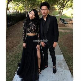 New Black Long Sleeve Prom Dresses 2019 Formal Evening Party Pageant Gowns African Two Pieces Dress High Neck Plus Size Custom Made B49