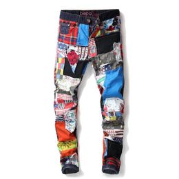 Fashion Colourful Stitching Biker Jeans Men Hip Hop Slim Fit Ripped Jeans Denim Hole Washed Zipper Jean