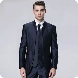 Navy Blue Groom Tuxedos Mandarin Lapel Groomsmen Mens Wedding Dress Excellent Man Jacket Blazer 3 Piece Suit(Jacket+Pants+Vest+Tie) 185