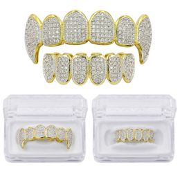 Gold Silver Colour Hip Hop Iced Out CZ Mouth Teeth Grillz Caps Top Bottom Grill Set Men Women Vampire Grills