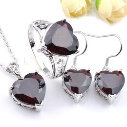 Luckyshine Fashion Jewellery Sets Red Garnet Heart Rings Pendants Sliver 925 Necklace Bride Gift Jewellery