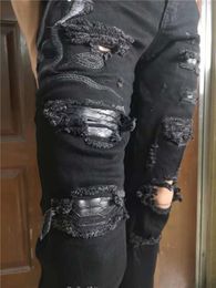 Black snake embroidery men skinny slim fit cotton jeans ripped Distrressed demin long pants ripped Jeans Zipper Fly