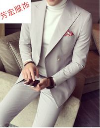 High Quality Double-Breasted Groomsmen Peak Lapel Groom Tuxedos 2 Piece Men Suits Wedding/Prom Best Man Blazer ( Jacket+Pants+Tie) AA2