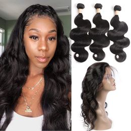 Indian Raw Virgin Extensions With 360 Lace Frontal Pre Plucked Body Wave Bundles 360 Frontals Human Hair 10-30inch