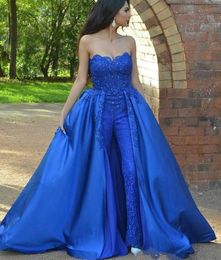 Royal Blue Overskirts Prom Dresses Strapless Lace Appliques Beads Sequins Evening Gowns With Pants Satin Red Carpet Party Dress Vestidos