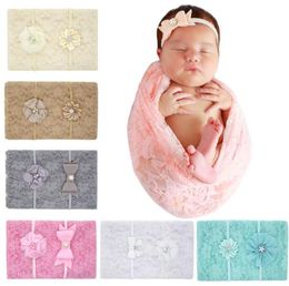 6 Colours baby girls Muslin Swaddles Ins lace Wraps Blankets Nursery Bedding Newborn solid Colour Print Swaddle + Headband sets C5299